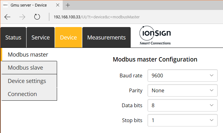 Käyttö- ja asennusohje 3/6 3.3 Device-välilehti Modbus master- ja slave-kohdissa määritetään RS485 master- ja slavesarjaliikenneporttien asetukset.