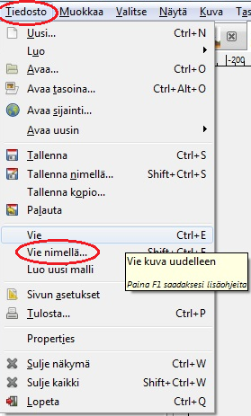 Tallentaaksesi valmiin kuvan, valitse Tiedosto Vie nimellä Valitse sopiva nimi, sijainti ja tiedostomuoto kuvalle, ja paina Vie.