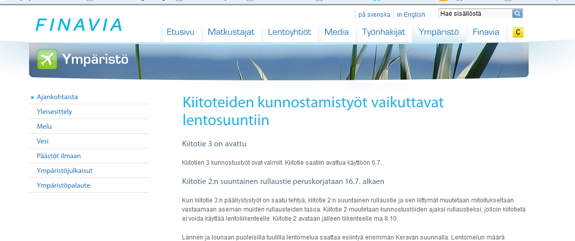 Lentokonemelukatsaus 3/11 Liite 8 Finavian nettisivuilla