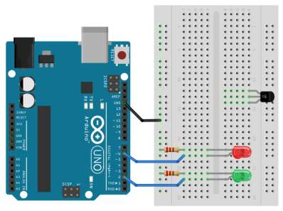 Kytke hyppylanka Arduinon pinnistä 2 vihreän ledin alempaan kytkentäjohtoon (samalle reikäriville), Arduinon pinnistä 6 punaisen ledin