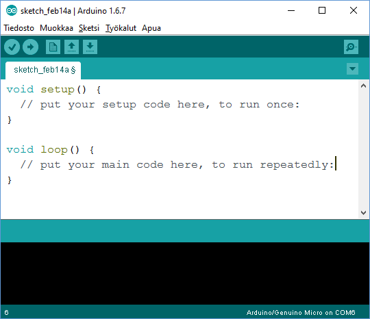 Kirjoita ohjelma Avaa Arduino-ohjelma tietokoneelle. Ohjelman tunnistat kuvakkeesta Ohjelma aukeaa Kirjoita ohjelma aaltosulkeiden väliin mallin mukaan.