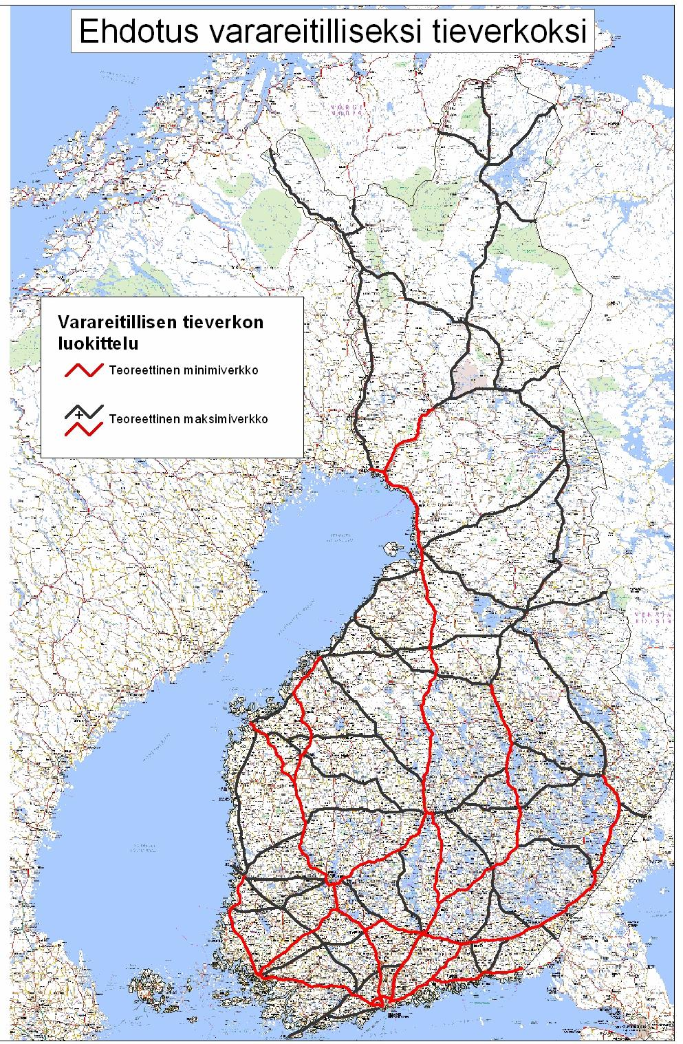 18 Varareittijärjestelmän kehittäminen VARAREITILLISEN TIEVERKON MÄÄRITYS Kuva 6. Ehdotus varareitillisen tieverkon minimi- ja maksimiverkoksi.