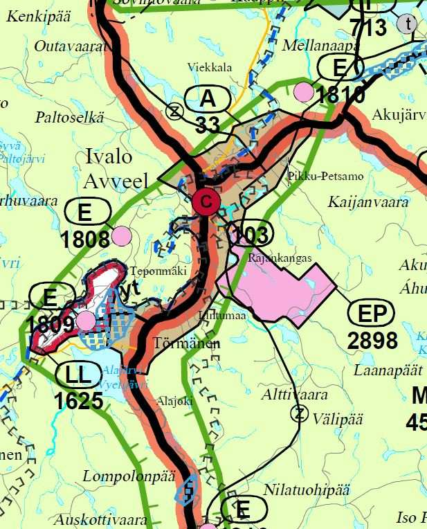 Ivalo Saariselkä alue on osoitettu kaavassa matkailun vetovoima-alueeksi; mv. Inarin kunta on kokonaisuudessaan saamelaisten kotiseutualuetta; sa.