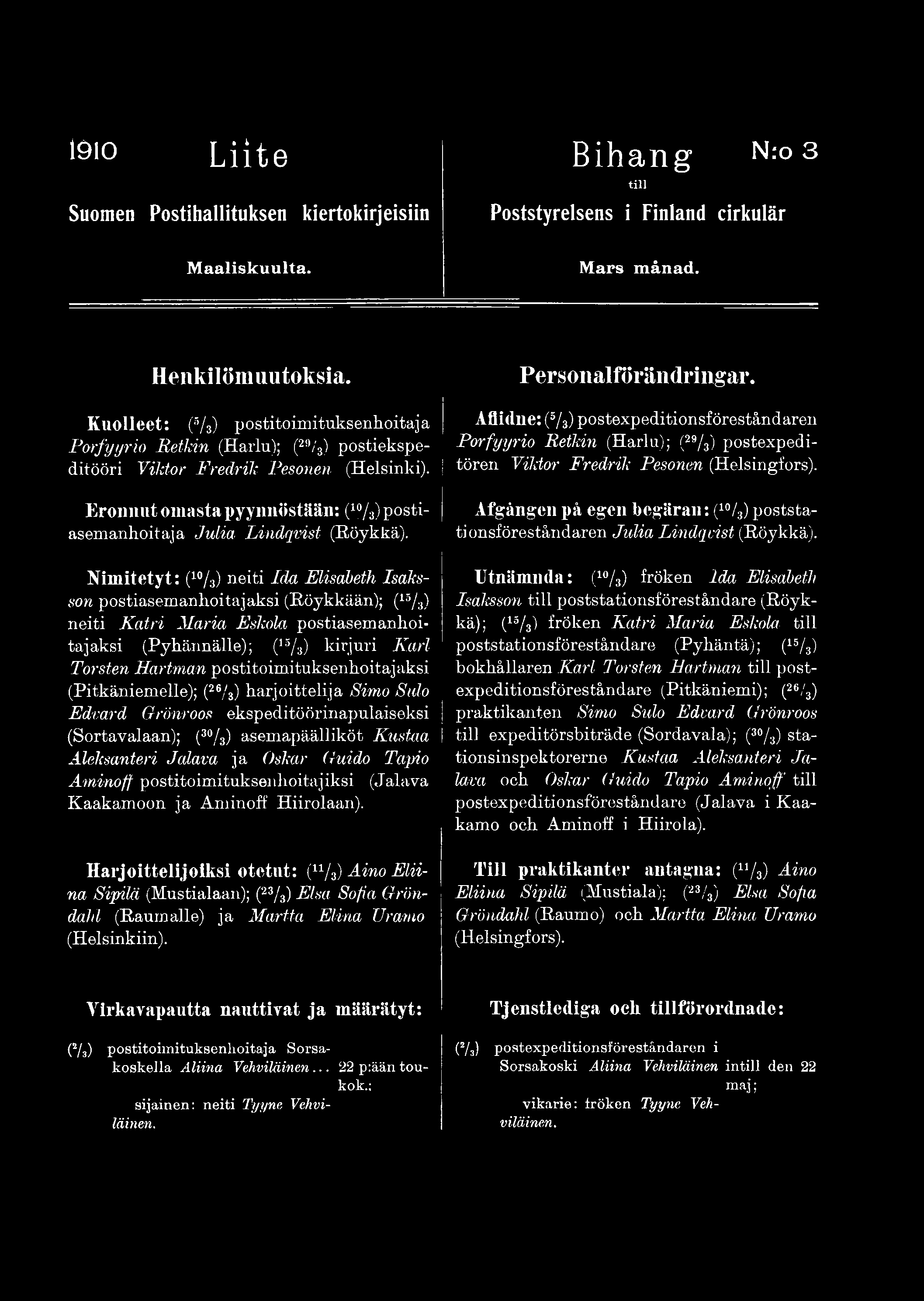 Nimitetyt: (10/3) neiti Ida Elisabeth Isaksson postiasemanhoitajaksi (Röykkään); (15/3) neiti Katri Maria Eskola postiasemanhoitajaksi (Pyhännälle); (15/3) kirjuri Karl Torsten Hartman
