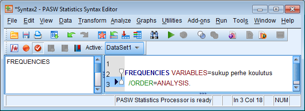 Oletuksena suoritettuja toimia vastaavat komennot kirjoitetaan PASW Statistics Viewer ikkunaan, mutta voit kerätä ne myös erilliseen PASW Statistics Syntax Editor ikkunaan.