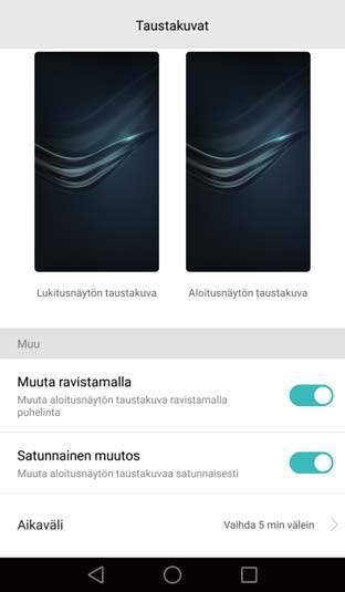 -välilehdessä kuva ja aseta se taustakuvaksi noudattamalla näyttöön tulevia ohjeita. Ota Muuta ravistamalla-kytkin käyttöön.