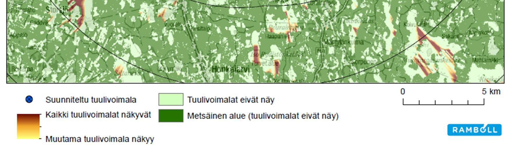Kärjenkosken alueelle tuulivoimalat näkyvät vain osittain, koska kasvillisuus (metsä) muodostaa alueelle näkymiä estävän katveen.