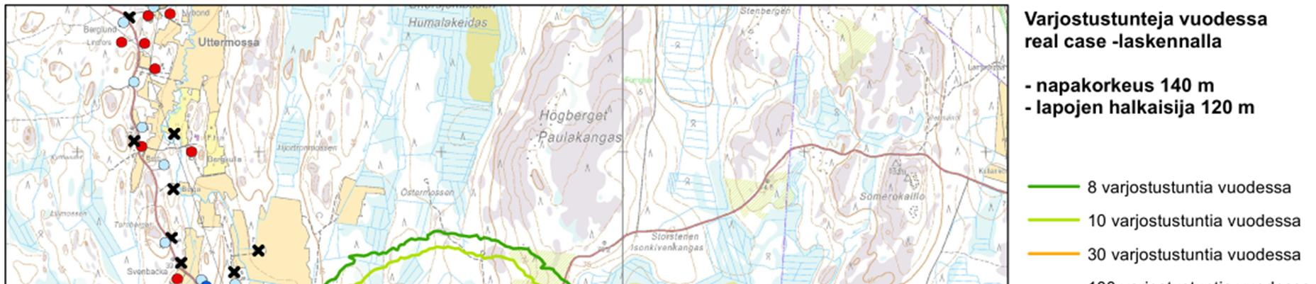 46 Kuva 28. Varjostusvaikutukset 140 m:n korkuisilla voimaloilla. Olemassa olevien tuulivoimalaitosten läheisyydessä asuvat ihmiset kokevat varjostusilmiön (ns. vilkkuva varjo) hyvin eri tavoin.