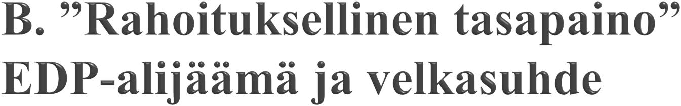 EU:n vakaus- ja kasvusopimus - Alijäämä < 3 % bruttokansantuotteesta = julkisyhteisöjen nettoluotonotto - Velka < 60 %