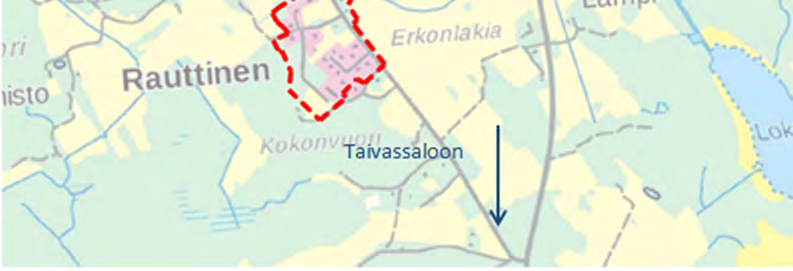 Vehmaan kirkonkylä sijaitsee kaava-alueesta noin 12 kilometrin etäisyydellä idässä ja Taivassalon keskusta