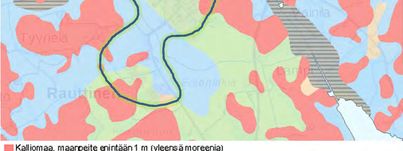Pääasiassa nykyinen ja suunniteltu rakentaminen alueille, joiden maaperä on kalliota, soraa tai hiekkaa.