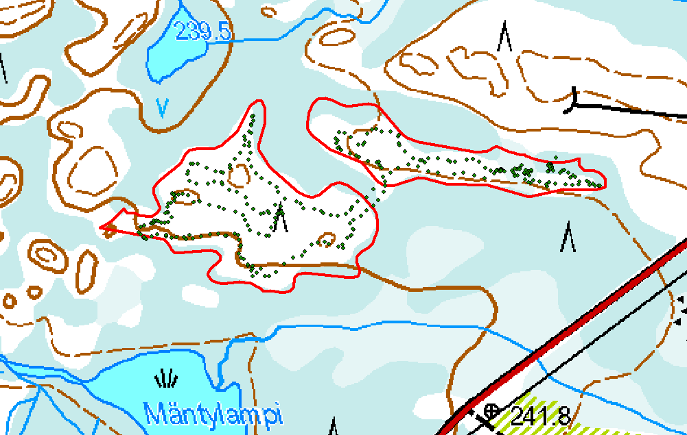 Kuva 10. Mäntypuron kartoitusjälki vihreällä, polttoalue punaisella. Lajihavainnot Kartoituksissa löytyi yhteensä 38 kääpälajia, joista viisi on silmälläpidettäviä (NT).