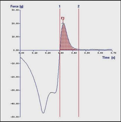 näyte venyy anturin palautuessa. (Stable Micro Systems. n.d.c.) Kuva 18. Taikinan tarttuvuusmittauksen kuvaaja voima suhteessa aikaan koordinaatistossa. (Kuva: Smewing 2015a) 4.3.