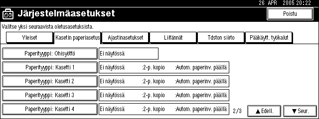 Paperin asettaminen ohisyöttötasolle E Paina [Paperityyppi: Ohisyöttö]. 1 F Valitse [Kalvo] tai [Paksu paperi]. G Paina [OK]. Näytössä näkyy valitsemasi paperityypin asetus.