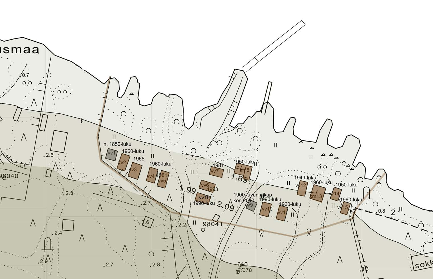 Kalasataman nykyinen rakennuskanta vv verkkovaja 14 km kalamaja 2 pääasiallinen runkorakenne rakentamisvuodet harmaa hirsi 1850-1920 ruskea puuranka 1950 2000 Kartan