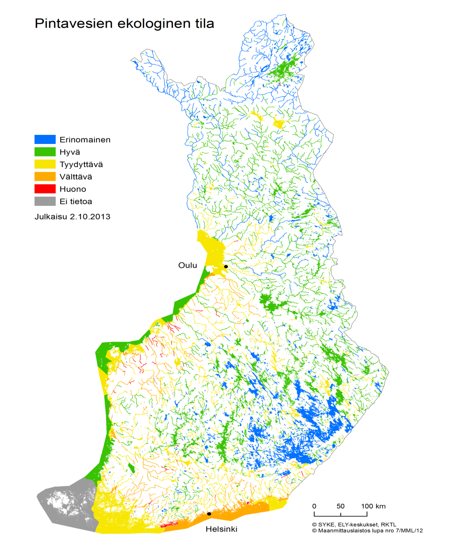 Pintavesien ekologinen tila (vuosi 2013) Ekologinen tila on hyvä tai