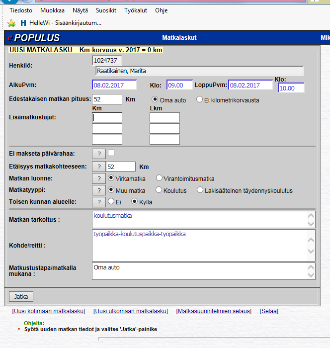 3. Yksittäisen matkalaskun teko Matkalaskun syöttöön päästään valitsemalla vasemmalta päävalikosta Matkalaskut -linkki.