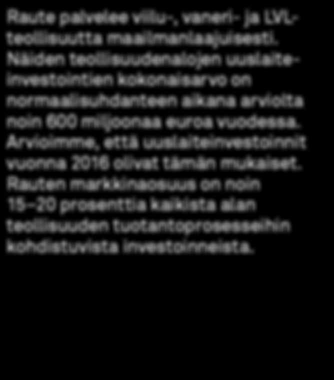 Näiden teollisuudenalojen uuslaiteinvestointien kokonaisarvo on normaalisuhdanteen aikana arviolta noin 6 miljoonaa euroa