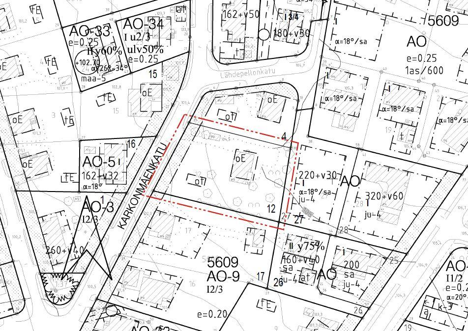 Ote ajantasa-asemakaava alueesta. Kaavan tavoitteet: Kaavamuutoksen hakijan tavoitteena on tontin nro 5609 12 jakaminen ja rakennusoikeuden lisääminen.
