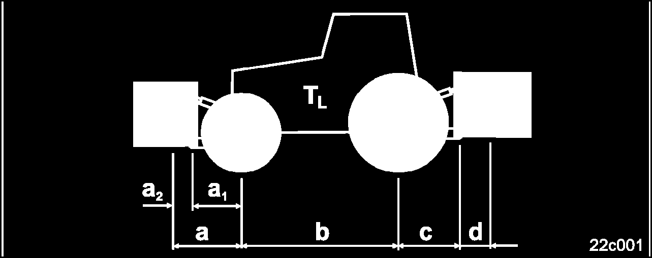 Kokonaispaino, eteen kiinnitettävä kone tai etupaino a [m] Eteen kiinnitettävän koneen tai etupainon painopisteen ja etuakselin keskipisteen välinen etäisyys (summa a 1 + a 2 ) a 1 [m] Etäisyys