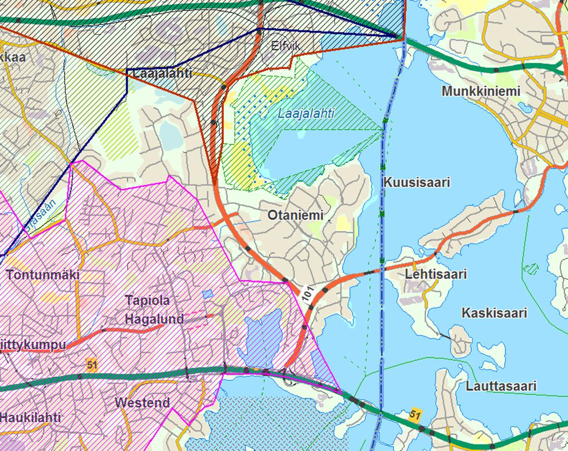 Kuva 2. Toimintavalmiuspuutteet kuuden minuutin toimintavalmiusajassa Otaniemen alueella. Kaava- ja tonttitilanne Alueella on voimassa 17.2.2010 vahvistunut Espoon eteläosien yleiskaava.