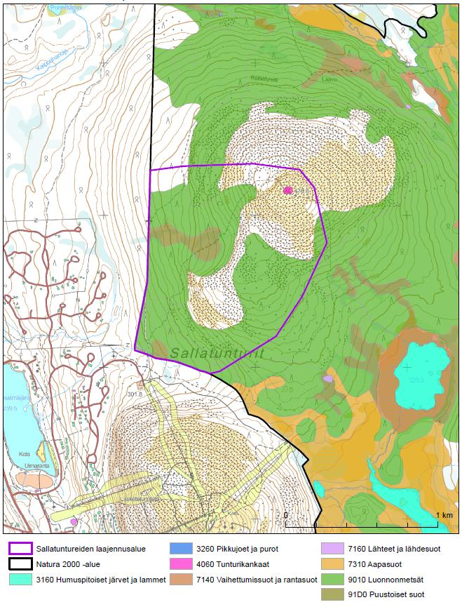 9 Kuvassa 4-3 on esitetty maakuntakaavassa esitetyn Sallatuntunturin matkailupalvelualueen laajennuksen alle jäävät luontodirektiivin liitteen I mukaiset luontotyypit.