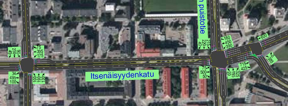 33 (62) Liikenteen toimivuustarkastelut Tammelan puistokadun/yliopistonkadun sekä Kalevan puistotien/viinikankadun liittymiin tehtiin toimivuustarkastelut tarvittavien ajokaistamäärien