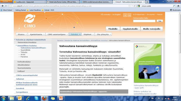 Tukimateriaalia webissä www.cimo.fi Vahvuutena kansainvälisyys oppaan tueksi julkistettu e-osio CIMOn webissä, täydentää opasta. Käytännön esimerkkejä, ohjeita ja työkaluja.