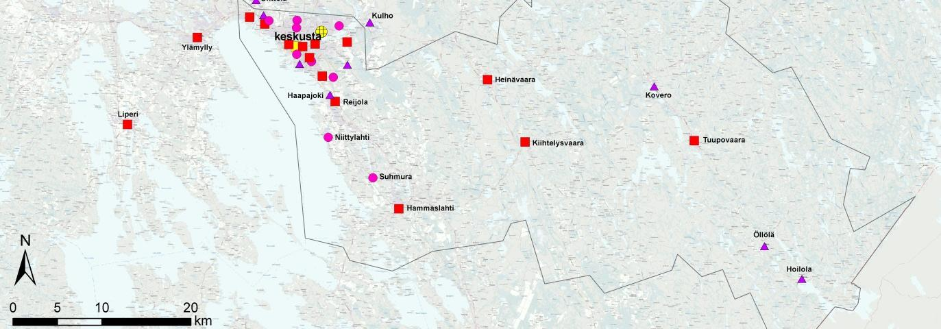 2 Pyöräilyn saavutettavuusalueet Kantakaupunki Joensuun kantakaupungissa on Niinivaaraa ja Noljakanmäkeä lukuun ottamatta maltilliset korkeuserot, mikä parantaa pyöräilyn olosuhteita.