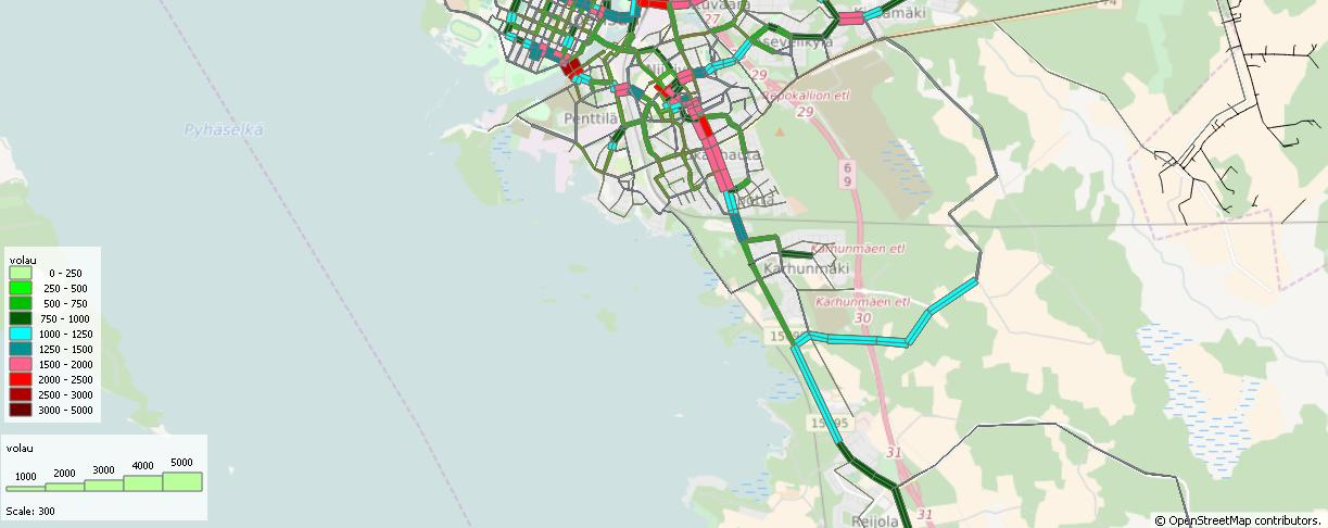 Liikennemallissa pyöräilijöiden keskinopeudet verkolla ovat samat kuin pyöräilyn saavutettavuustarkasteluissa (merkittävä kävelyalue 12 km/h, keskustan jalankulkuvyöhyke 16 km/h ja muut alueet 20