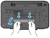 Paperitukoksen poistaminen tulostimen sisältä 1. Avaa tulostimen pohjassa sijaitseva puhdistusluukku. Paina puhdistusluukun molemmilla sivuilla olevia salpoja. 2.