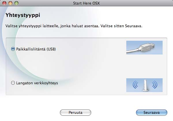 USB MFL-Pro Suiten sentminen Aset litteen mukn toimitettu CD-ROMsennuslevy CD-ROM-semn. Aloit sennus kksoisosoittmll kuvkett Strt Here OSX (Käynnistä tästä OSX).