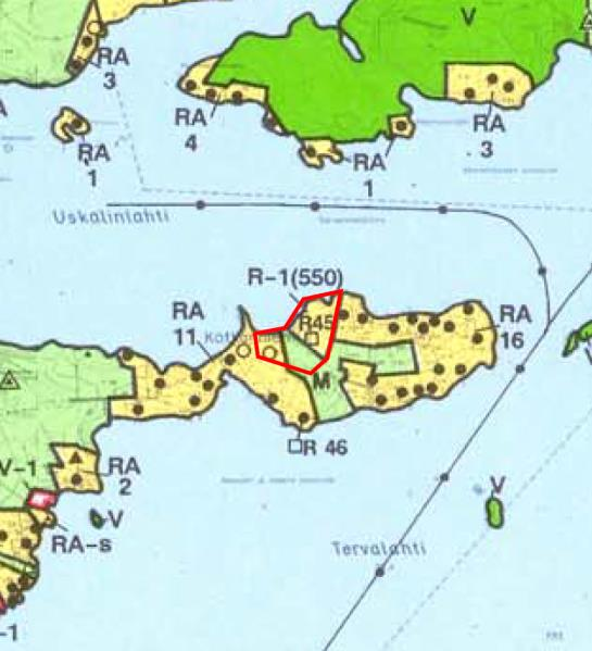 Suunnittelualue on tilan Kotkanranta RN:o 2:73 osalta merkitty loma-alueeksi R-1. Suunnittelumääräys: Alue on varattu yhteisöjen lomarakentamiseen.