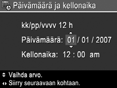 Päivämäärän ja kellonajan määrittäminen Päivämäärän ja kellonajan tarkka asettaminen auttaa sinua löytämään kuvat, kun olet siirtänyt ne tietokoneeseen, ja varmistaa, että kuvat on merkitty oikein,