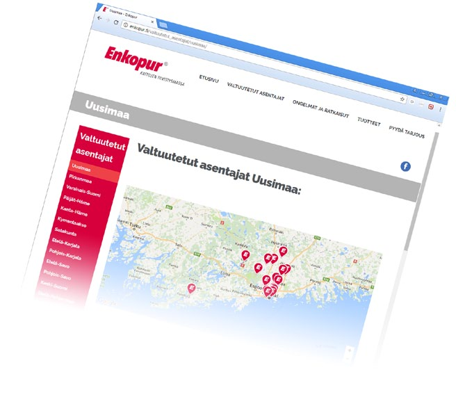enkopur.fi RoofTech on tuomassa uuden nettipalvelun markkinoille, jonka avulla pyritään löytämään uusia asiakkaita teille käyttämään Enkopur ja muitakin edistamiamme tuotteita koko Suomessa.