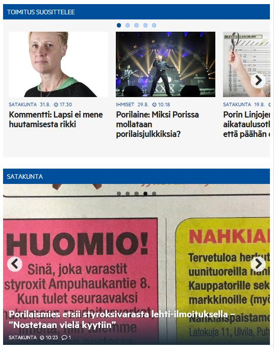 osastoissa ja artikkelisivuilla). Etusivulla ehdokasruudut sijoittuvat ToimitusSuosittelee ja Kotimaa nostojen väliin.