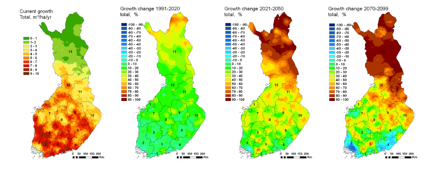 6.3 Metsien kasvu muuttuvassa ilmastossa Suomessa lämpenevän ilmaston on arvioitu johtavan nykyistä vielä huomattavasti suurempaan puuvarojen kasvuun.