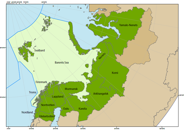 Raportissamme arvioitu alue sisältää oheisen kartan mukaiset maa- ja merialueet poiketen tavanomaisesta, poliittisesti määritellystä Barentsin alueesta.