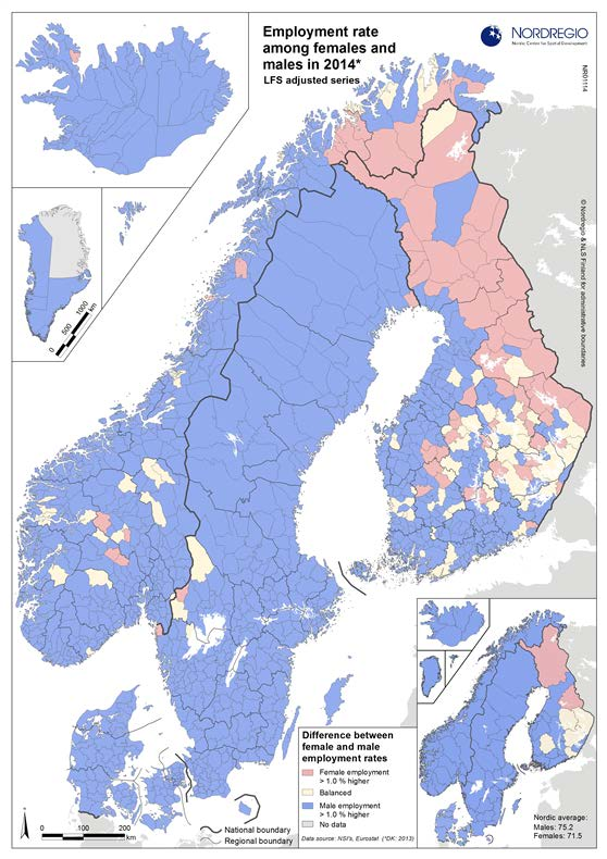 Kuva 5. Työssäkäynti Pohjoismaissa, naiset ja miehet vuonna 2014. Lähde: Nordregio, www.nordregio.se. 9.