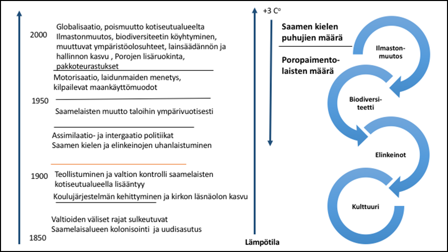 Kuva 1. Muutosprosessi. 3.2 Muutosprosessi ja tekijät 3.2.1 Väestöllinen muutosprosessi Voimakkaiden muuttoliikkeiden johdosta saamelaiset ovat nykyisin vähemmistönä saamelaisten kotiseutualueella.