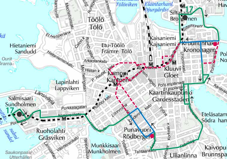 29 Muut Helsingin sisäisten linjojen muutokset Linja 17 Linja muutetaan syysliikenteen käynnistyessä kulkemaan reittiä Hakaniemi Kruununhaka Kauppatori Eira Hietalahdentori Ruoholahti(M) Salmisaari.