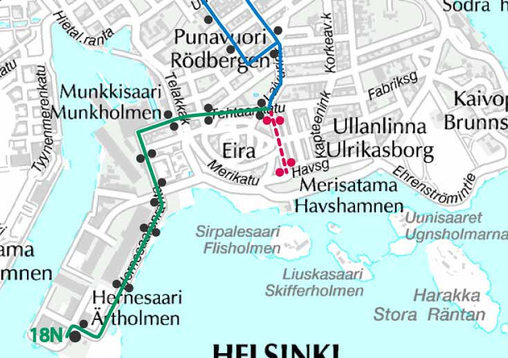 30 Kuva 21. Linjan 18N reittimuutos. Linja 20 Linja varaudutaan jatkamaan Ruoholahdesta Länsisataman uuteen laivaterminaaliin kesällä 2017.
