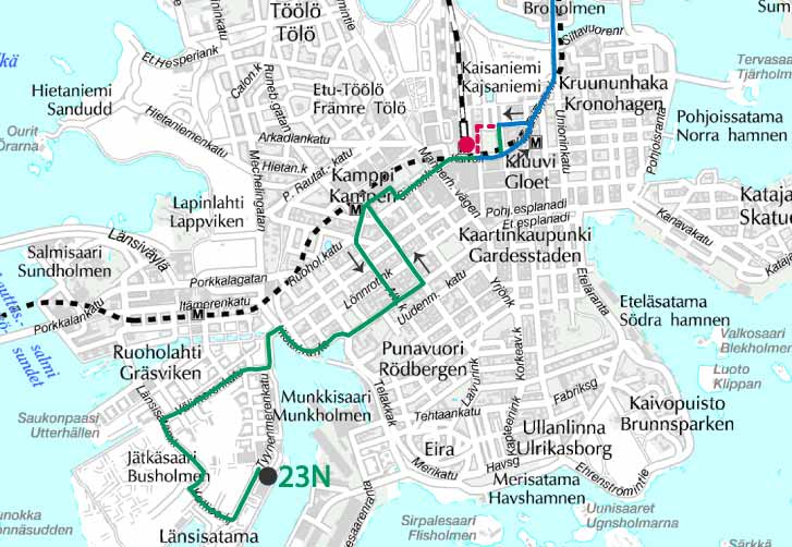 Linjan 23N reittiä jatketaan Rautatientorilta Jätkäsaareen syysliikenteen alkaessa elokuussa 2017.