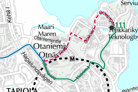39 2.6.2 Espoon sisäiset linjat ja Espoon suunnan seutulinjat Linja 111 Linjan 111 reitti muutetaan kulkemaan Otaniemessä Tekniikantien, Vuorimiehentien ja Otaniementien kautta Otakaarelle.