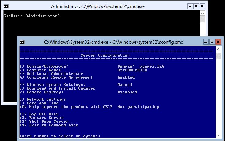 23 Kuva 11. Hyper-V Server sconfig Asetusvalikkojen avulla liitettiin Hyper-V Server samaan aliverkkoon ja domainiin kuin hallinnointia varten toiselle koneelle asennettu Windows Server 2012.