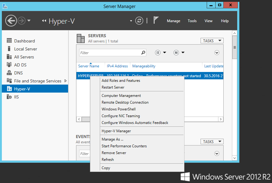 24 Kuva 12. Server Manager Virtuaalikoneen luominen Hyper-V Managerin avulla on tehty todella helpoksi. Eri asetukset käydään vaiheittain läpi, alkaen virtuaalikoneen nimeämisestä.