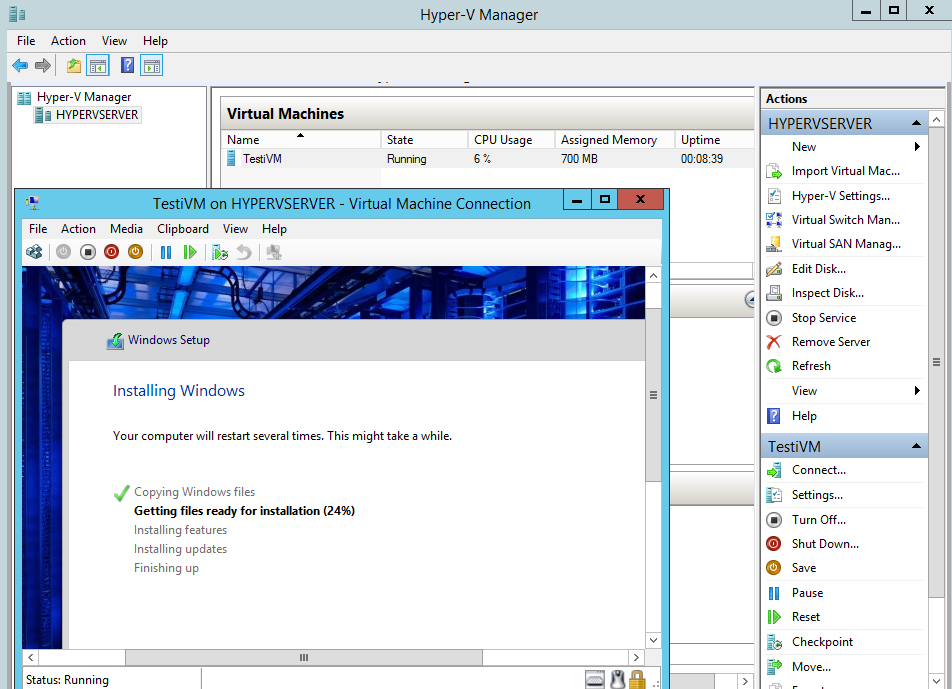 25 Kuva 13. Hyper-V Manager ja vieraskäyttöjärjestelmän asennus Hyper-V Managerin käyttö on helppoa ja aloittelijaystävällistä virtuaalikoneiden perustoimintoihin.