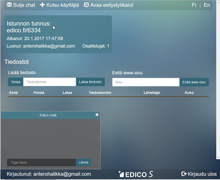 Edico S, istunnon avausnäkymä Avaa esitystyökalu avaa pienen ohjainikkunan, jolla voidaan hallita dokumenttien esittämistä Esitä ww-sivu - teksti-ikkunaan voidaan antaa suojatun www-sivun osoite,