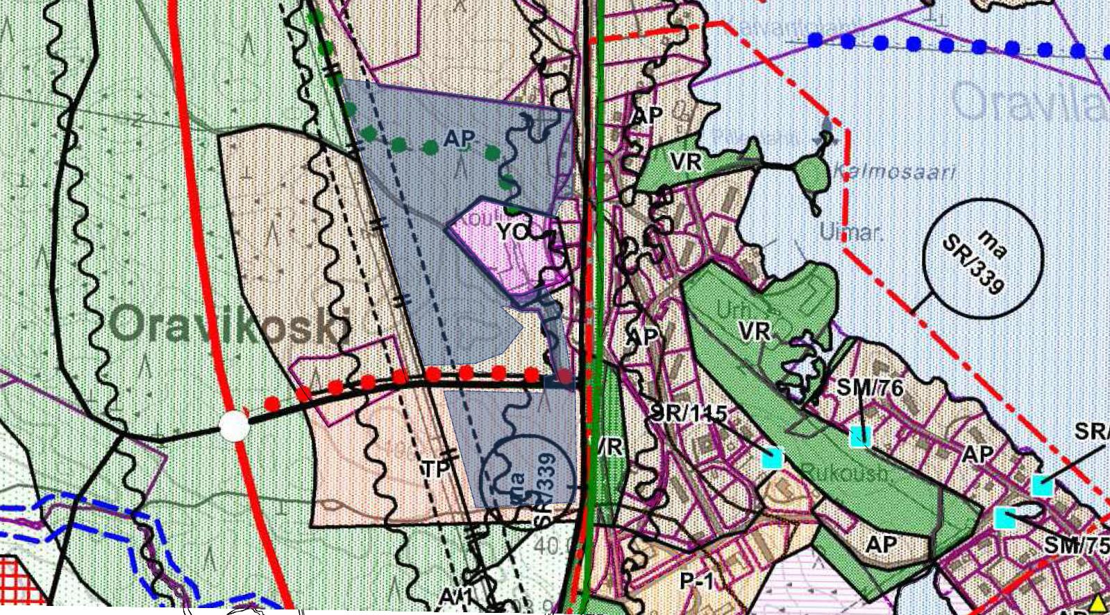 FCG Suunnittelu ja tekniikka Oy OAS 4 (7) Kuva 4: Ote Oravikoski-Paukarlahti-Kotalahti osayleiskaavasta, suunnittelualue sinisellä Asemakaavat Alueella ei ole voimassaolevaa asemakaavaa.