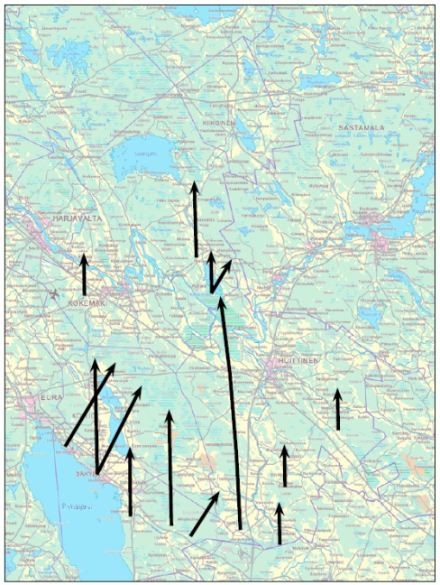 54 a) b) Kuva 10. Aluekohtaista tarkastelua lintujen muuttoreiteistä Satakunnan kaakkoisosissa, Pyhäjärven sekä Puurijärven-Isosuon kansallispuiston lähialueilla.